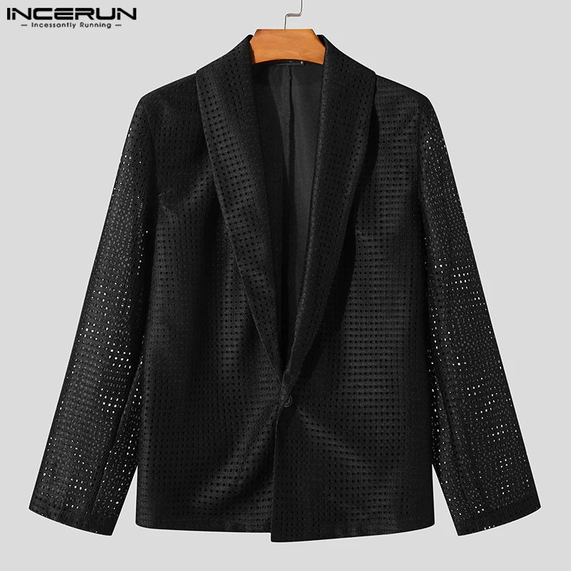 INCERUN Tops 2024 Amerikanischen Stil Hübscher Herren Hohl Mesh Solide Blazer Casual Streetwear Heißer Verkauf Langen Ärmeln Anzug Mäntel S-5XL