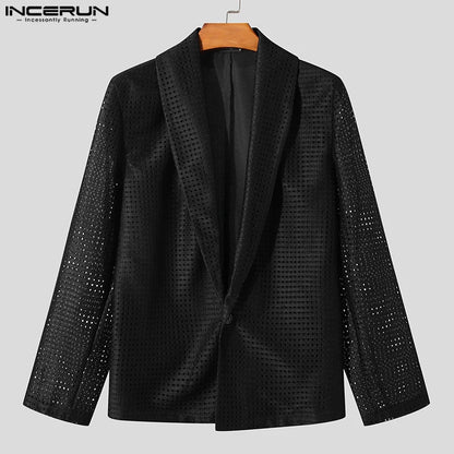 INCERUN Tops 2024 American Style Handsome Mens Hollow Mesh Solid Blazer Casual Streetwear Hot Sale Long Sleeved Suit Coats S-5XL