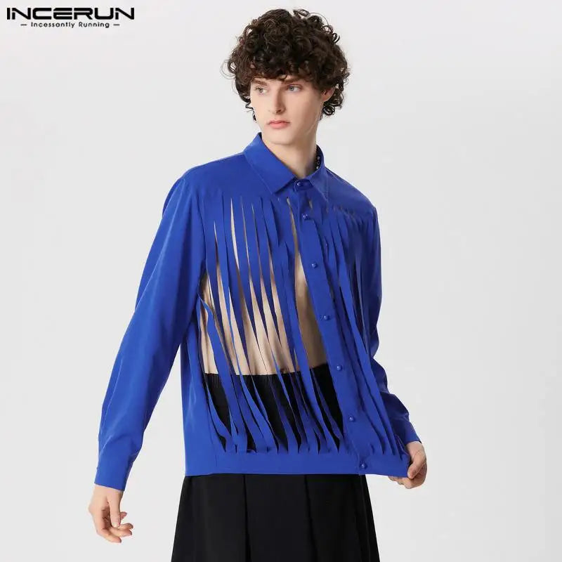 INCERUN Tops 2024 American Style Casual Men Solid Tassel Design Shirts Fashion Clubwear Hot Sale Long Sleeved Lapel Blouse S-5XL