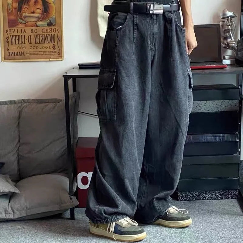 HOUZHOU Baggy Jeans Trousers Male Denim Pants Black Wide Leg Pants Men's Jeans Oversize Cargo Korean Streetwear Hip Hop Harajuku