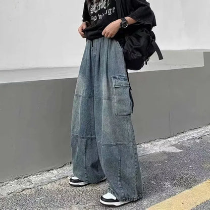 HOUZHOU Y2k Baggy Cargo Jeans for Men Oversize Wide Leg Denim Pants Male Hip Hop Trousers Pockets Streetwear Loose Patchwork