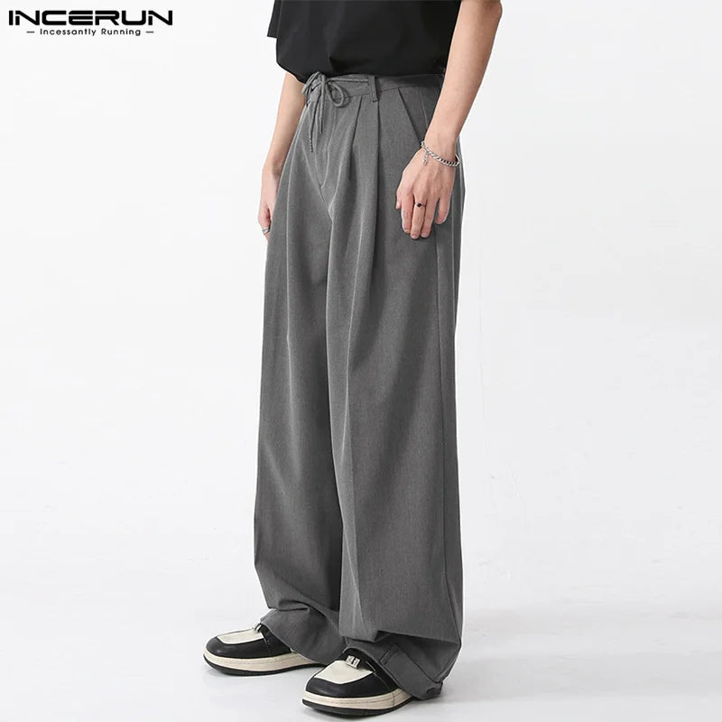 INCERUN 2024 Handsome New Men Trousers Simple Lace Up Drawstring Long Pant Leisure Streetwear Loose Straight Leg Pantalons S-5XL