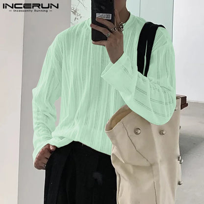 Fashion Casual Style Tops INCERUN 2024 Men's Hollow Texture Vertical Stripe T-shirts Male Thin Knitted O-neck Long Sleeved S-5XL