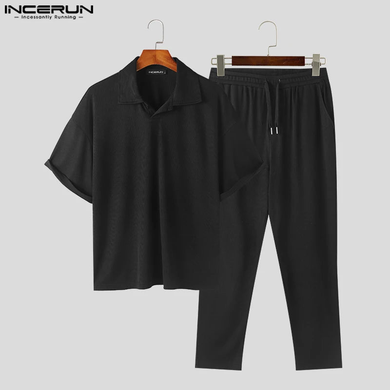 INCERUN 2024 American Style Sets New Men Short Sleeved Shirts Long Pants Male Knitted Casual Street Striped Two-piece Sets S-5XL