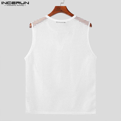 INCERUN Tops 2024 Korean Style New Mens Fashion V-neck Mesh Hollow Out Vests Casual Well Fitting Male Sleeveless Tank Tops S-5XL