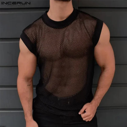 Party Nightclub Style Tops INCERUN Men's Perspective Hollow Mesh Vests Stylish Clubwear Hot Sale Thin Sleeveless Tank Tops S-5XL