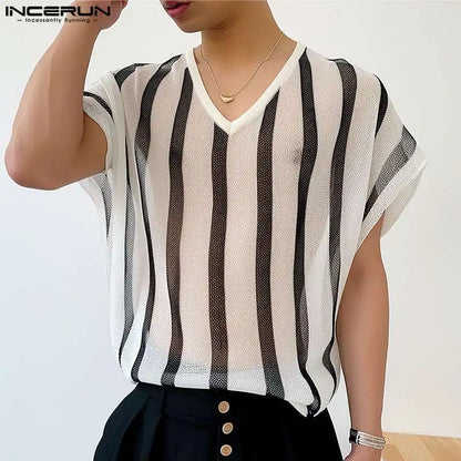 INCERUN Tops 2024 Korean Style Fashion Men's Large Stripe T-shirts Casual Street Personality V-neck Short Sleeved Camiseta S-5XL