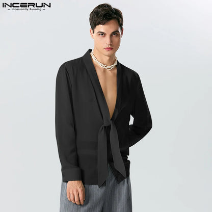 Sexy Fashionable Style Tops INCERUN Handsome Men's Knot Neck See-through Mesh Shirts Casual Party Solid Long Sleeve Blouse S-5XL