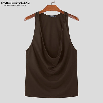 INCERUN Tops 2024 American Style Sexy Fashion New Men Swing Neck Tank Tops Summer Casual Streetwear Solid Sleeveless Vests S-5XL