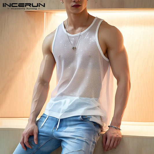 Men Tank Tops Solid O-neck Sleeve Mesh Transparent Sexy Vests Streetwear 2023 Fashion Party Casual Men Clothing S-5XL INCERUN