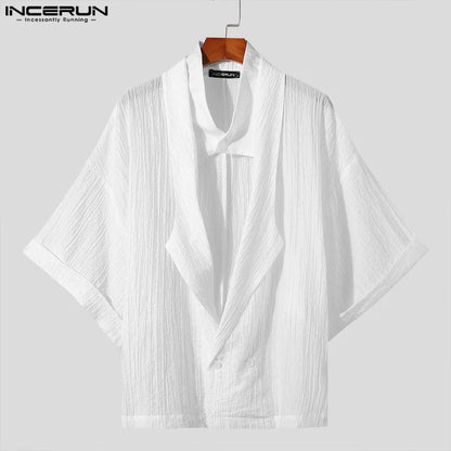 INCERUN Tops 2024 American Style Stylish Men's Suit Collar Design Shirts Leisure Solid Loose Fitting Medium Sleeved Blouse S-5XL