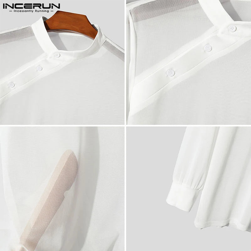 INCERUN Men Summer Shirts Long Sleeve Button Down Mesh Tops Transparent Shirts Oversize Men Clothing Oversize Chemise Tops