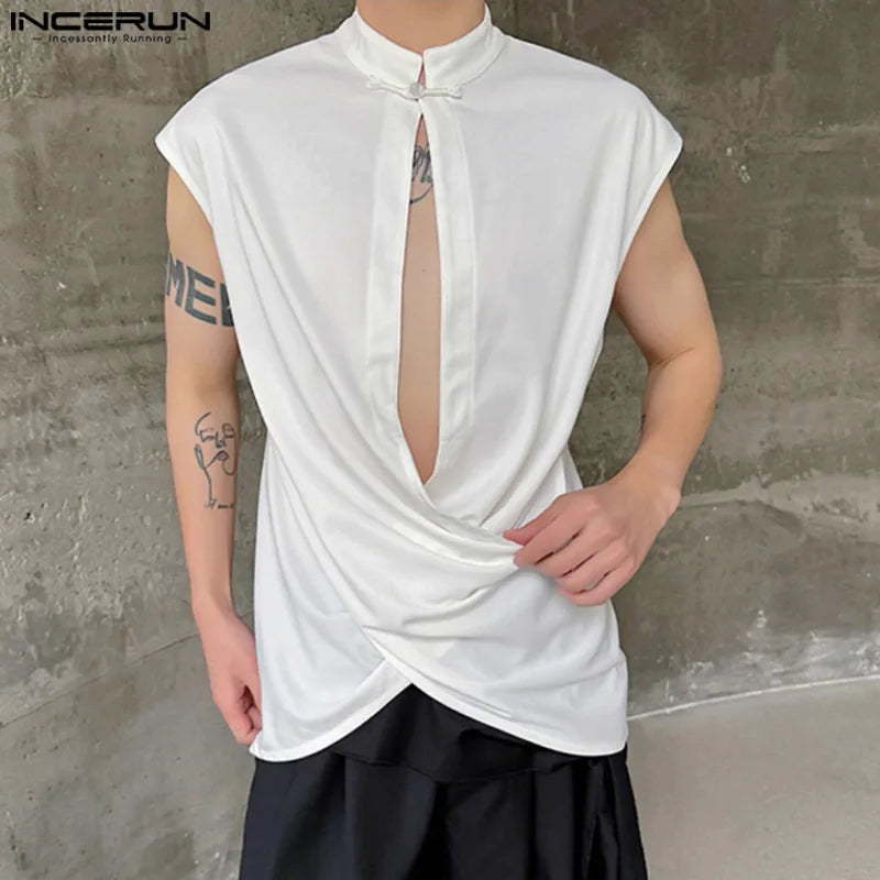 INCERUN Tops 2024 Korean Style Casual Men Stand Neck Buckle Cross Hollow Vests Summer Solid All-match Sleeveless Tank Tops S-5XL