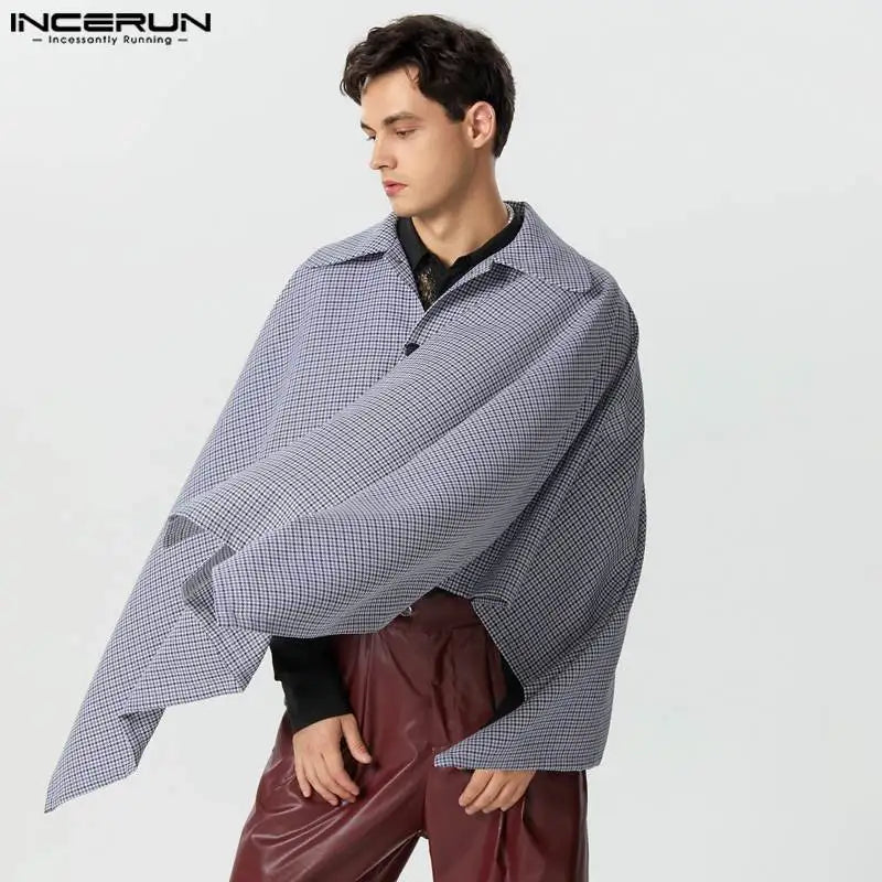 Fashion Casual Style Tops INCERUN Handsome Men Plaid Silhouette Sloping Placket Trench Streetwear Male Loose Lapel Cape One Size