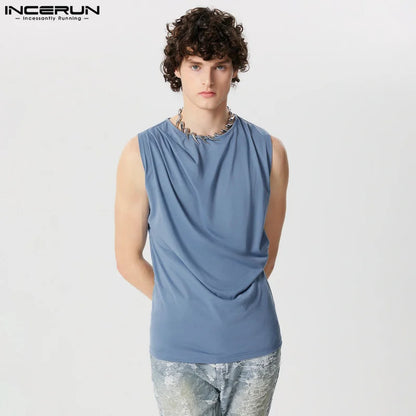 INCERUN Tops 2024 American Style New Men's Pleated Design Solid Simple Vests Leisure Streetwear Male Hot Selling Tank Tops S-5XL