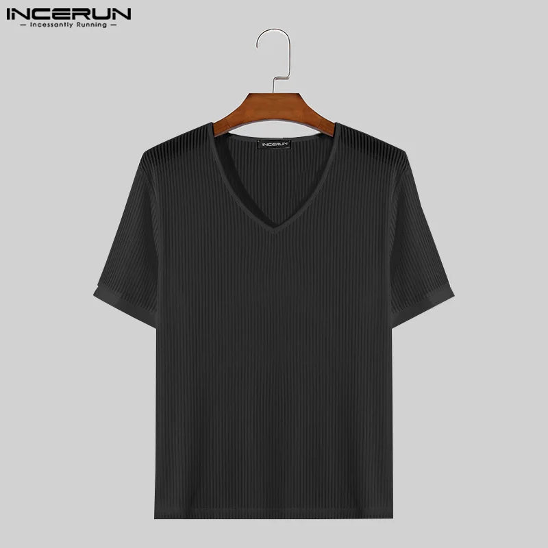 INCERUN Tops 2024 Style coréen mode hommes légèrement transparent col en V rayé T-shirts homme décontracté à manches courtes Camiseta S-5XL