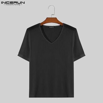 INCERUN Tops 2024 Korean Style Fashion Men Slightly Transparent V-neck Striped T-shirts Male Casual Short Sleeved Camiseta S-5XL