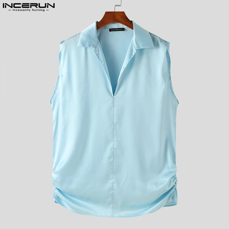 Handsome Well Fitting Tops INCERUN New Mens Stylish Satin Glossy Tank Tops Casual Streetwear V-neck Lapel Sleeveless Vests S-5XL