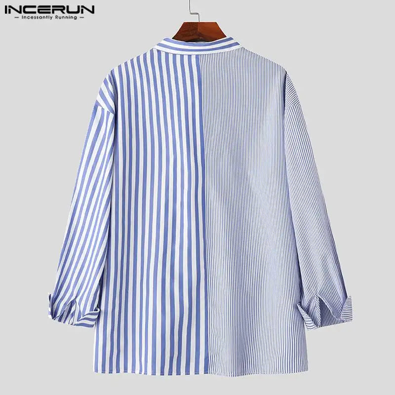 Handsome Well Fitting Tops INCERUN Men's Striped Patchwork Design Shirts Casual Fashionable Male Long Sleeved Lapel Blouse S-5XL