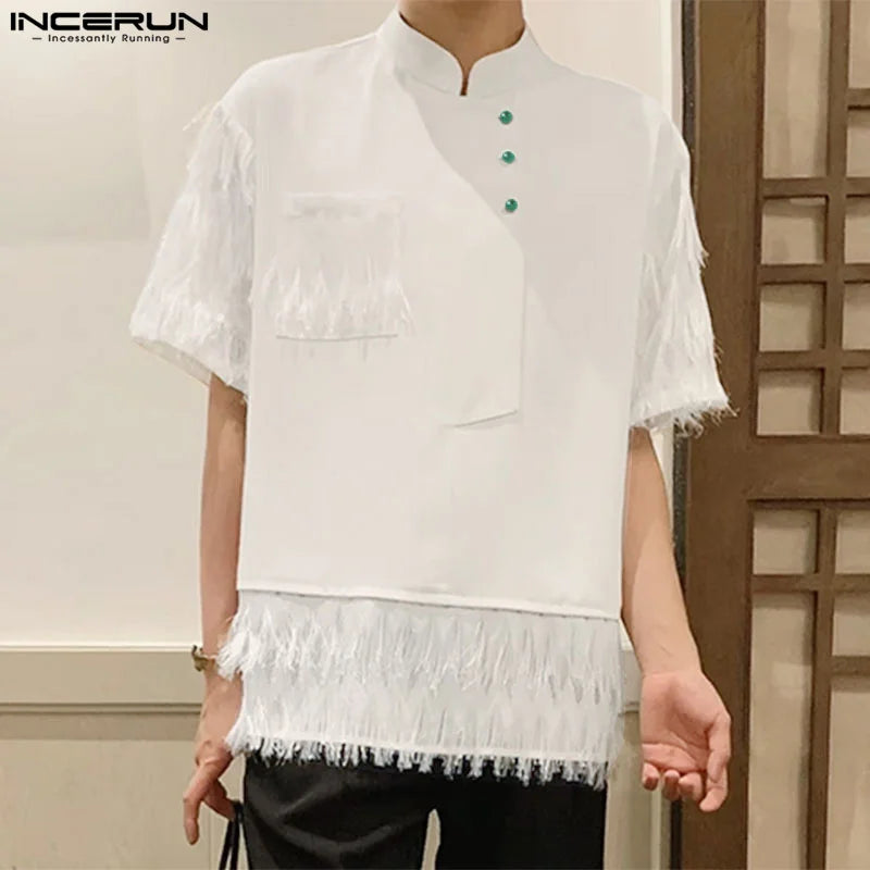 INCERUN Tops 2024 Korean Style Men's Solid Tassel Patchwork Design Shirt Casual Streetwear Male Short Sleeved Lapel Blouse S-5XL