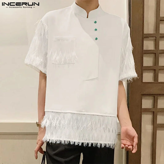 INCERUN Tops 2024 Korean Style Men's Solid Tassel Patchwork Design Shirt Casual Streetwear Male Short Sleeved Lapel Blouse S-5XL