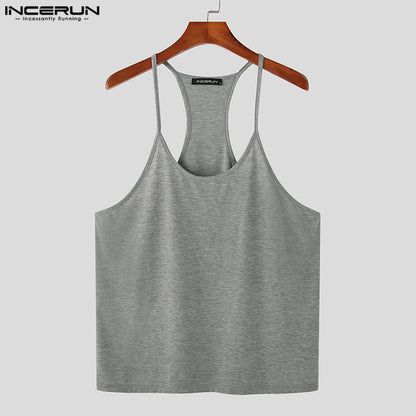 INCERUN Tops 2023 Korean Style Men Thin Belt Solid Casual Running Sport Waistcoat Handsome Male Racerback Sleeveless Vests S-5XL