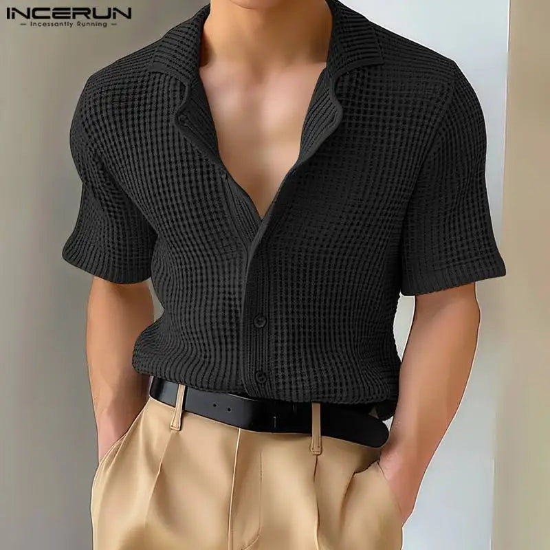 INCERUN Tops 2024 Korean Style Men's Textured Solid Simple Shirts Casual Streetwear Standing Collar Medium Sleeved Blouse S-5XL