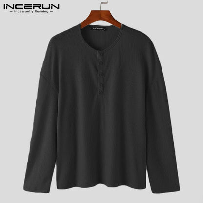 INCERUN Tops 2024 Korean Style Handsome Men Solid Half Open T-shirts Casual Well Fitting Male O-neck Long Sleeved Camiseta S-5XL