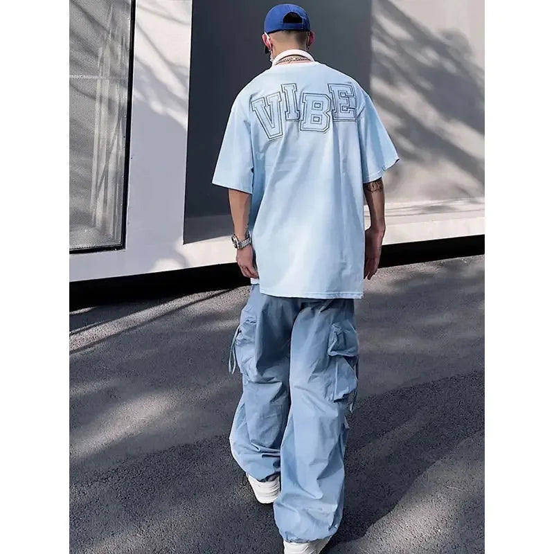 HOUZHOU Y2K Cargohose für Herren Hip Hop Harajuku Fallschirm-Cargohose Männlich Blau Japanisch Locker Lässig Streetwear Hip Hop