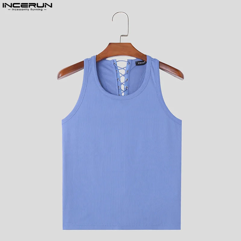 INCERUN Tops 2024 American Style Mens Back Cross Strap Design Vests Casual Streetwear Solid Well Fitting Knitted Tank Tops S-5XL