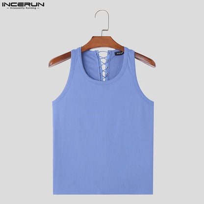 INCERUN Tops 2024 American Style Mens Back Cross Strap Design Vests Casual Streetwear Solid Well Fitting Knitted Tank Tops S-5XL