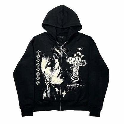 Neuer schwarzer loser Reißverschluss-Hoodie für Männer mit amerikanischem Kreuzkopf-Print, Street-Harajuku, übergroßes Sweatshirt, Y2K-Punk, japanische Paarjacke