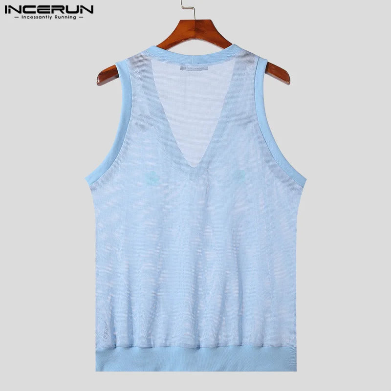 INCERUN Tops 2024 Korean Style Men's Hollow V-neck Flower Decorative Vests Summer Casual Personality Sleeveless Tank Tops S-5XL