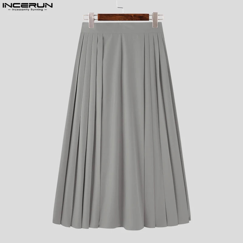 INCERUN 2024 Korean Style New Men's Pleated Skirt Pants Casual Streetwear All-match Male Solid Color Comfortable Trousers S-5XL