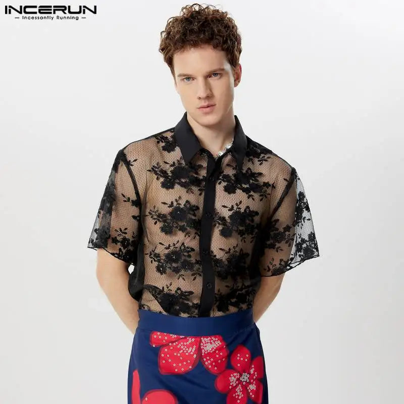 Sexy Fashion Style Tops INCERUN Men's Lace Floral See-through Shirts Casual Streetwear Male Thin Short Sleeved Blouse S-5XL 2024