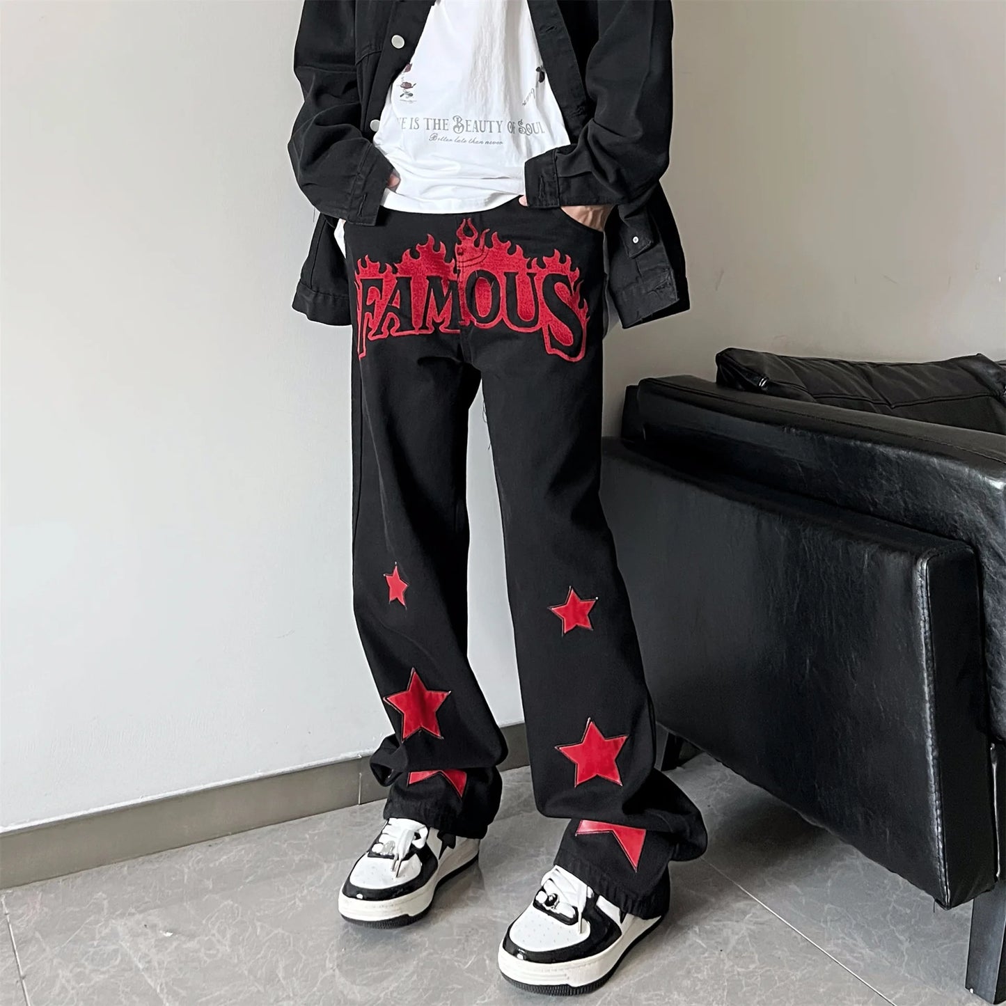 HOUZHOU Y2K Jeans Men Embroidery Denim Pants Star Red Print Black Trousers Male Streetwear Hip Hop Casual Vintage Plus Size 4XL