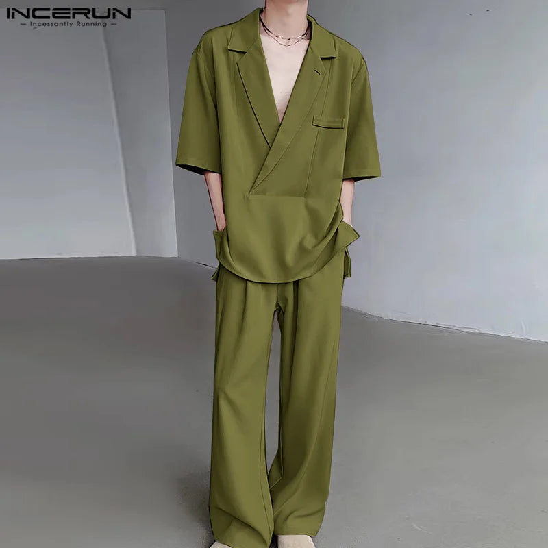 INCERUN 2024 Korean Style Sets Fashion New Men Suit Neckline Drop Short Sleeve Shirt Pants Streetwear Solid Two Piece Sets S-5XL