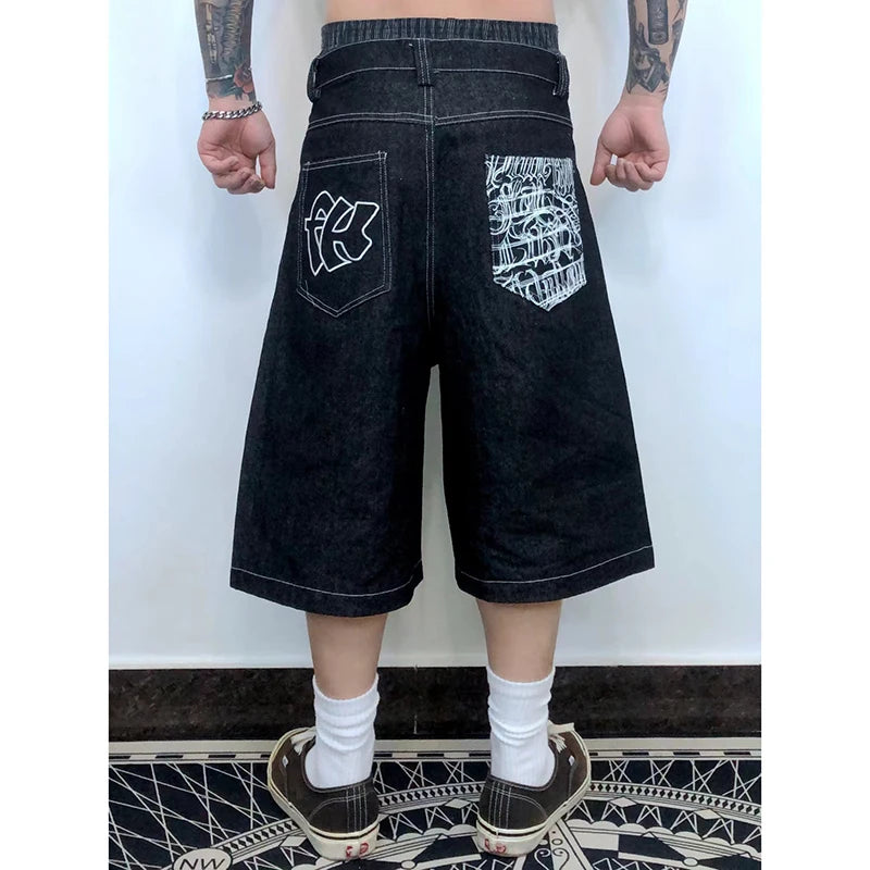 Hip Hop Pockets Embroidery Letter Print Jeans Shorts for Men Summer Retro Oversized Wide Leg Denim Knee Lenght Pants