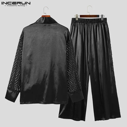 INCERUN 2023 Sexy Fashion Men's Sets Lace Perspective Loose Sleeve Cardigan Wide Leg Pants Casual Hot Sale Two Piece Sets S-5XL