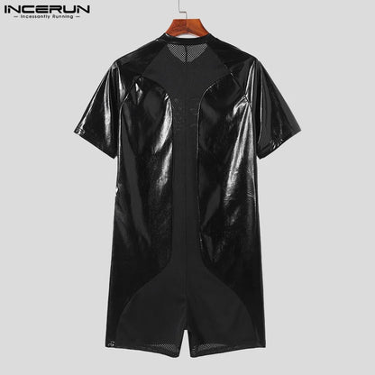 INCERUN 2024 Sexy Men's Fashion Jumpsuits Mesh Patchwork Casual Faux Leather Fabric Rompers Solid Short Sleeved Bodysuits S-3XL