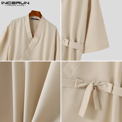 INCERUN Tops 2024 Korean Style Men Diagonal Front V-neck Tie Design Shirts Casual Simple Male Long Sleeved Cardigan Blouse S-5XL