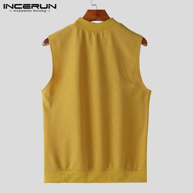 INCERUN Tops 2024 Koreanische Stil Neue Männer Gestrickte Stoff Solide Westen Freizeit Streetwear Heißer Verkauf Männlichen Ärmellose Tank Tops S-5XL