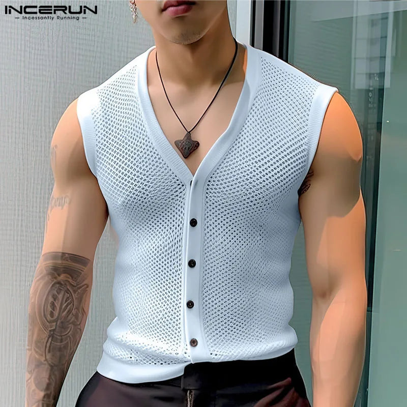 INCERUN 2024 Men Tank Tops Mesh Hollow Out Solid V Neck Sleeveless Summer Male Vests Transparent Streetwear Fashion Men Clothing