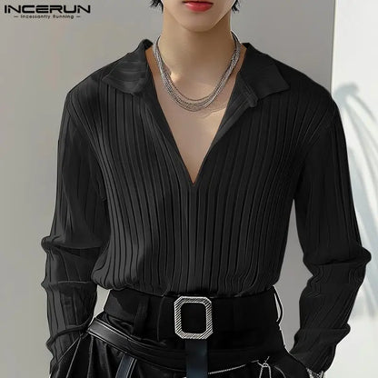 INCERUN Tops 2024 Korean Style Men's Solid Texture Simple All-match Shirts Casual Streetwear Male Hot Selling Lapel Blouse S-5XL