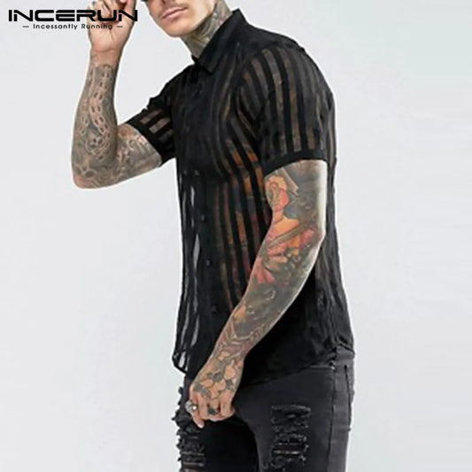 INCERUN Fashion Striped Sexy Shirt Men Transparent Short Sleeve Button Tops See Through Party Nightclub Men Shirts 2023 S-5XL