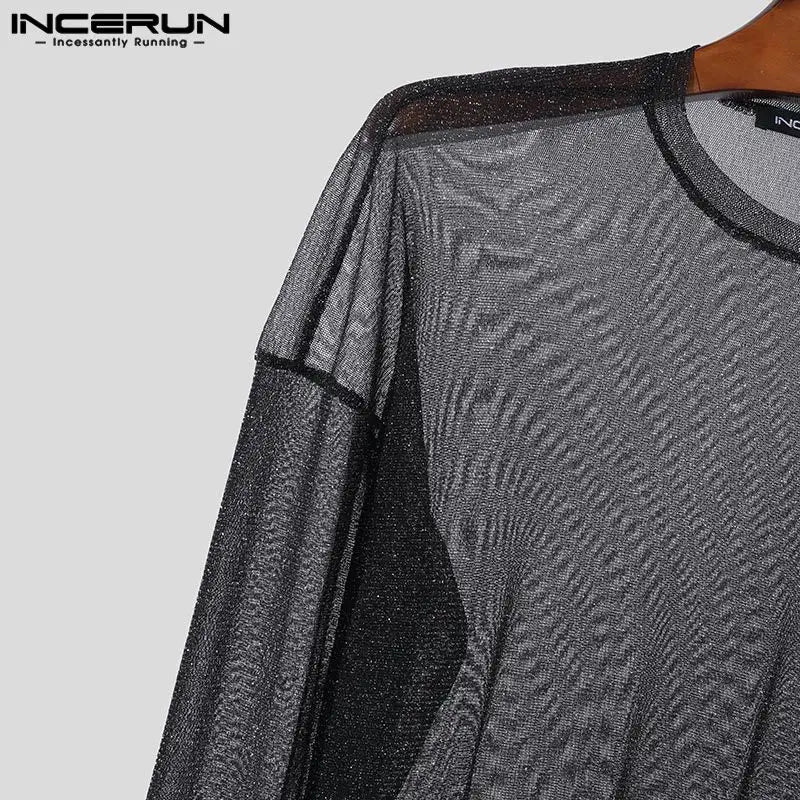 Fashion Clubwear Style Tops INCERUN 2024 Men's Perspective Mesh T-shirt Sexy Casual Thin Flash Fabric Long Sleeve Camiseta S-5XL