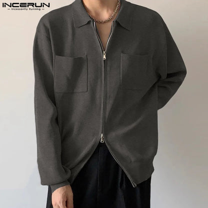 INCERUN Tops 2024 Korean Style New Men Double Head Zippered Lapel Design Shirts Casual Streetwear Male Long Sleeved Blouse S-5XL