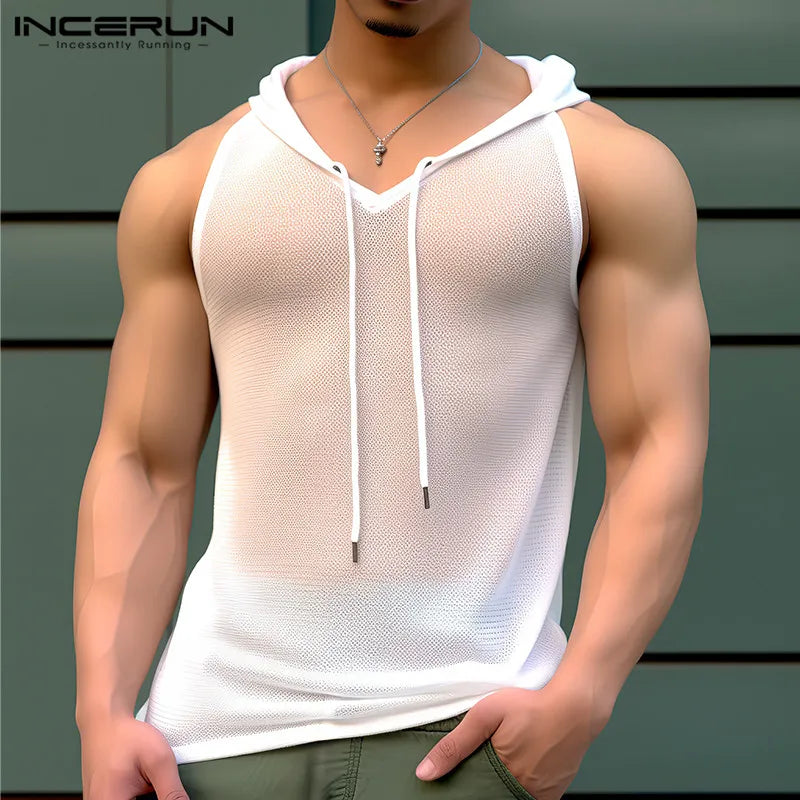 INCERUN Men Tank Tops Mesh Transparent Hooded Sleeveless V Neck Male Vests Streetwear Solid Color Sexy 2024 Fashion Men Clothing