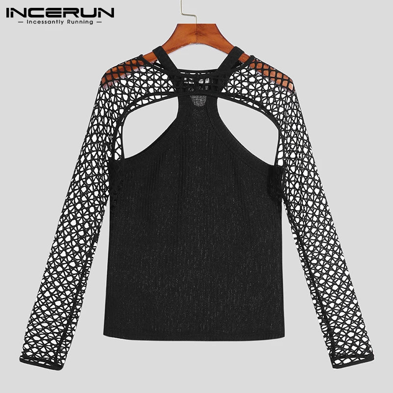 Fashion Casual Men Vest Camiseta Suit 2 Pieces Sexy Leisure Male Short Vests Hollow Breathable Mesh T-shirts S-5XL INCERUN 2023