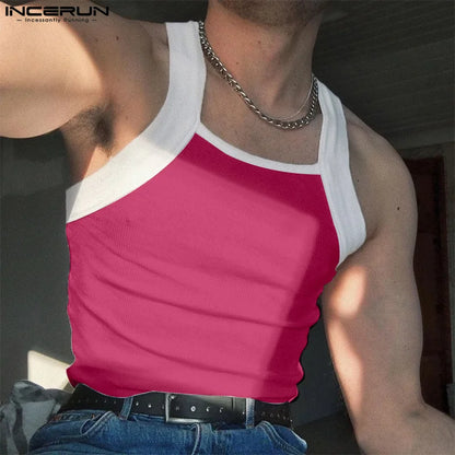 INCERUN Men Tank Tops Patchwork Skinny O-neck Sleeveless Casual Male Vests Streetwear Summer 2024 Fashion Men Clothing S-3XL